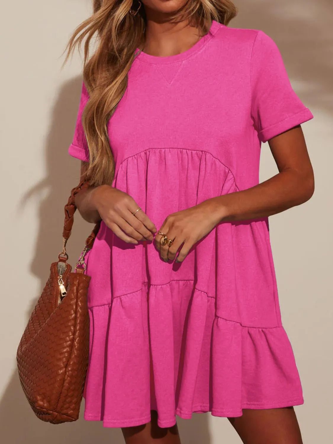Tiered Round Neck Short Sleeve Mini Dress
