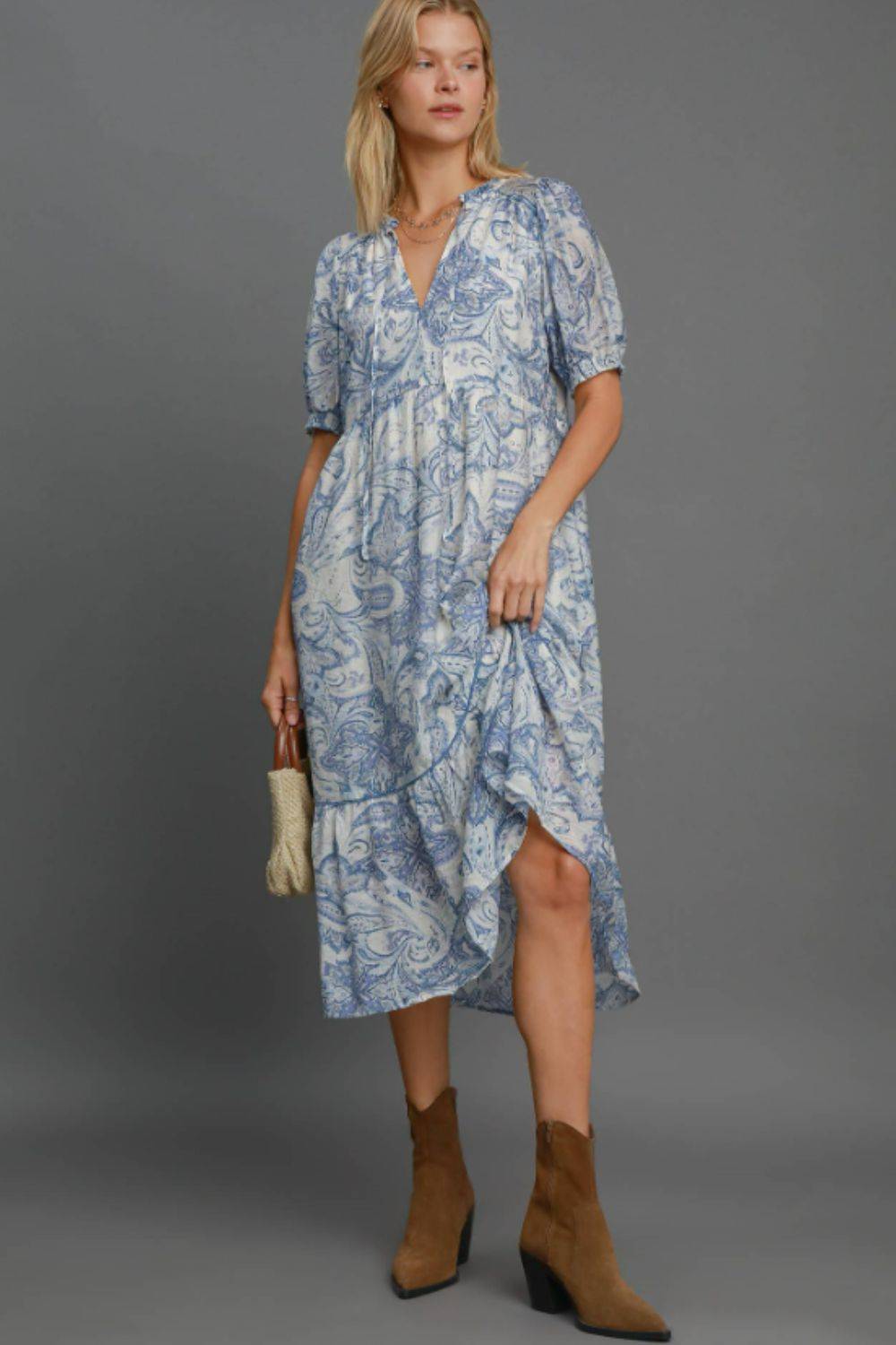 Umgee Full Size Printed Puff Short Sleeve Midi Dress Plus Size - Clothes For Her Online Store