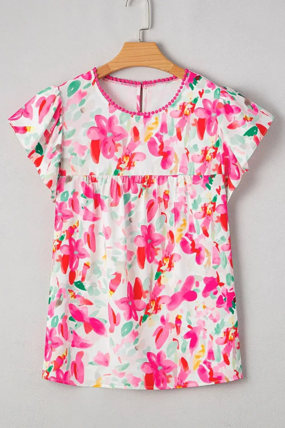 Floral Print Ruffle Sleeve Round Neck Blouse - Clothes For Her Online Store