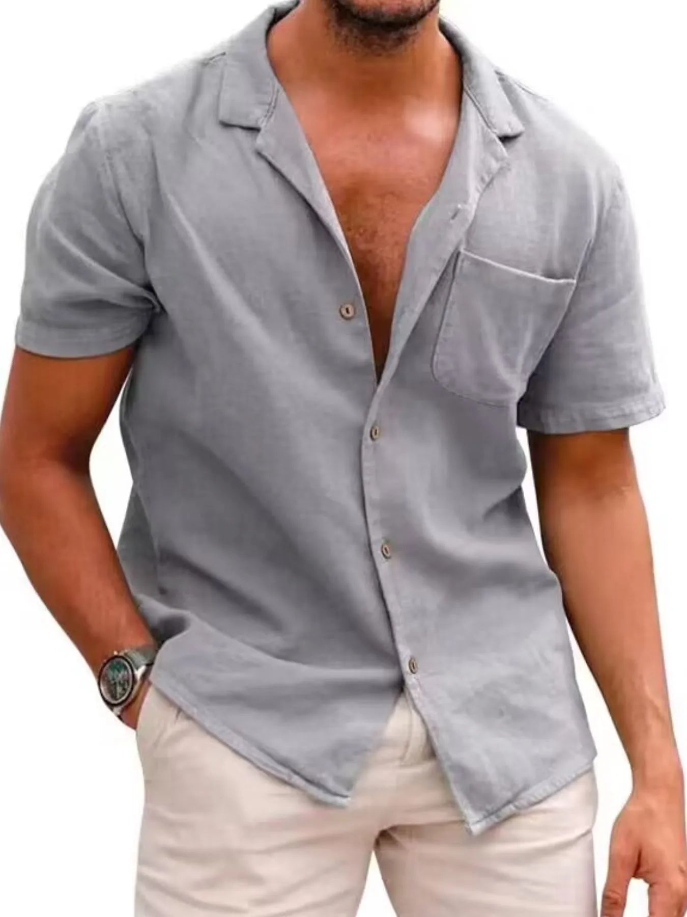 Men's Full Size Classic Short Sleeve Button Down Linen Shirt Plus Size