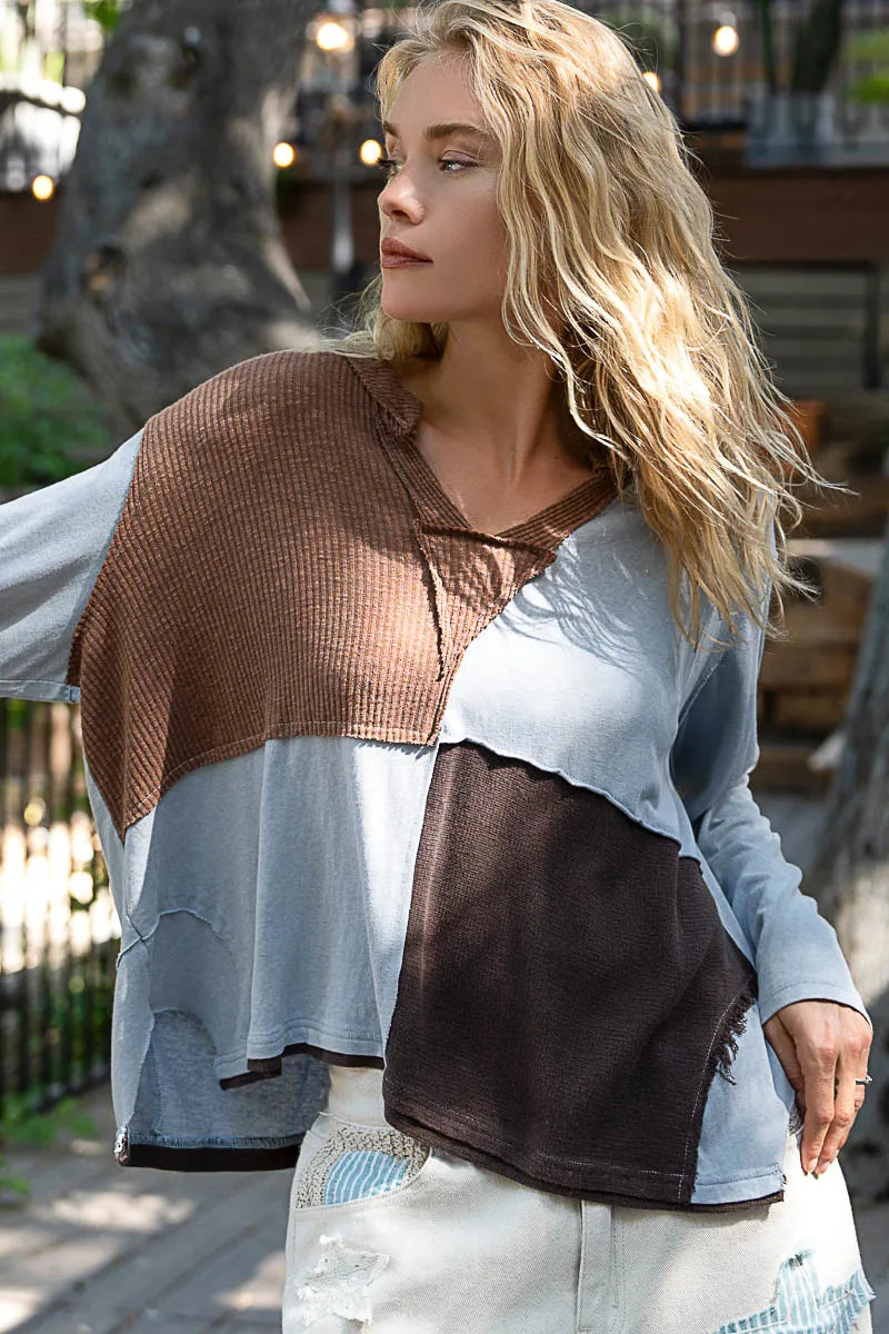POL Color Block Notched Long Sleeve T-Shirt
