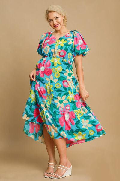 Umgee Full Size Tiered Floral Print Notched Puff Sleeve Midi Dress Plus Size - Clothes For Her Online Store