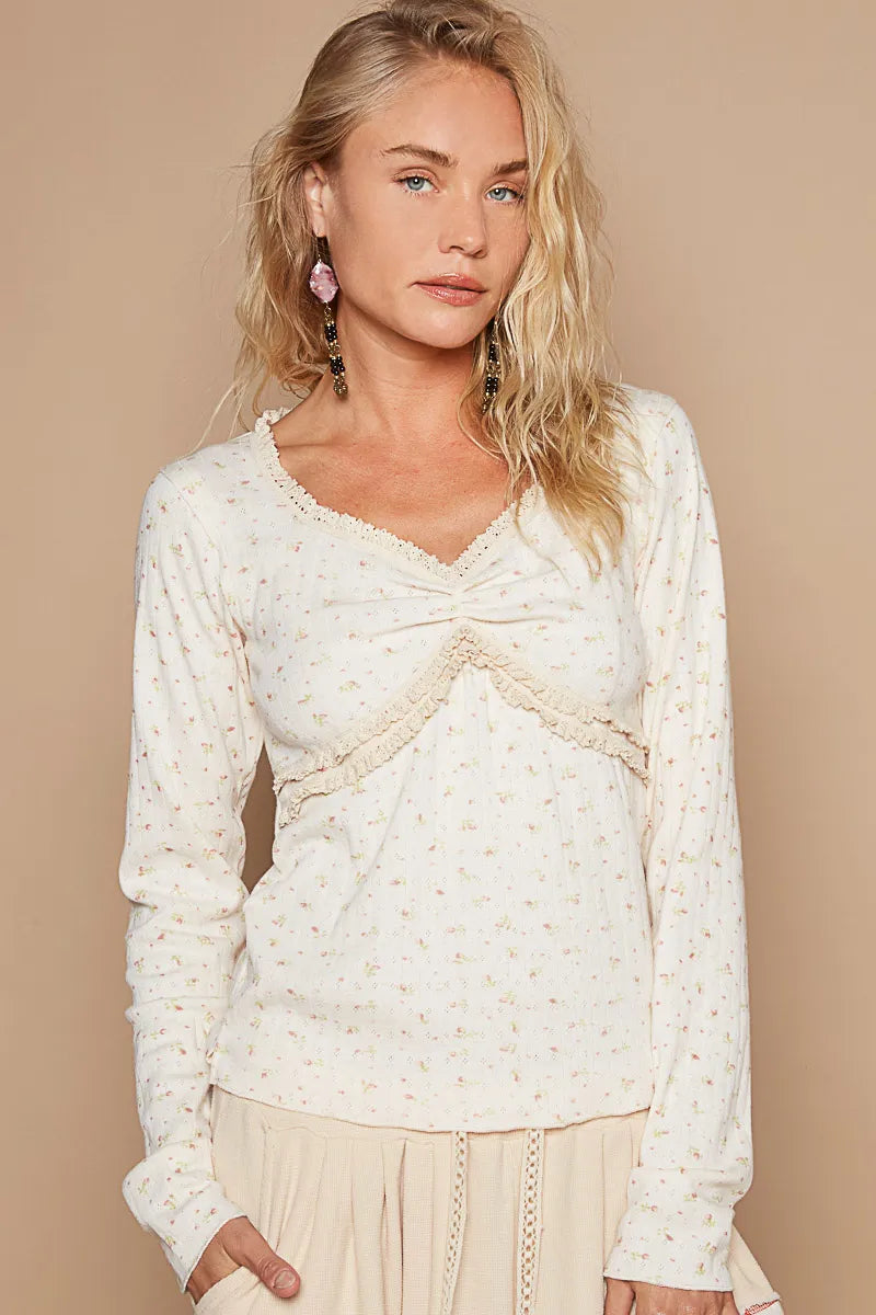 POL Floral V-Neck Long Sleeve T-Shirt