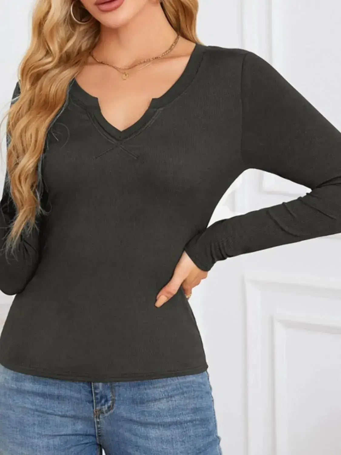 Notched Long Sleeve T-Shirt - Clothes For Her Online Store