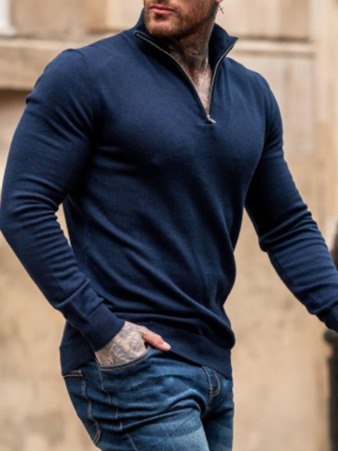 Men's Plus Size Quarter Zip Long Sleeve Knit Top - Clothes For Her Online Store