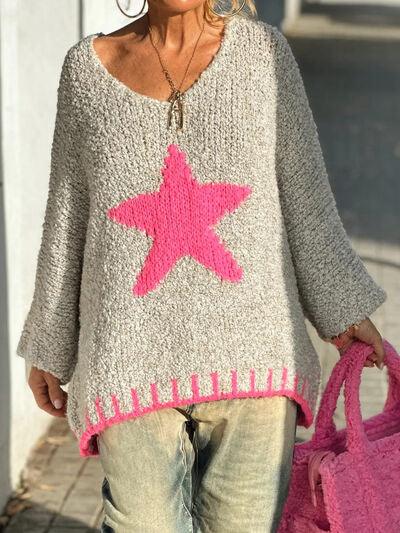 Star V-Neck Long Sleeve Oversize Sweater - Clothes For Her Online Store