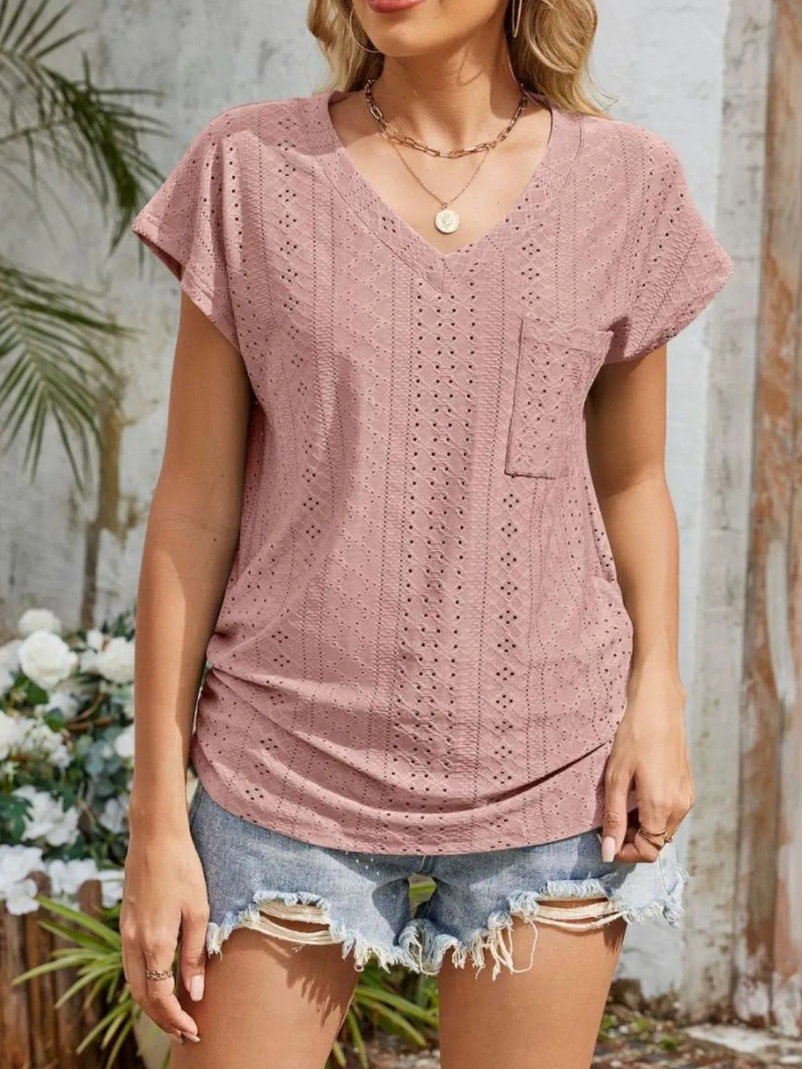 Eyelet V-Neck Short Sleeve Top - Clothes For Her Online Store