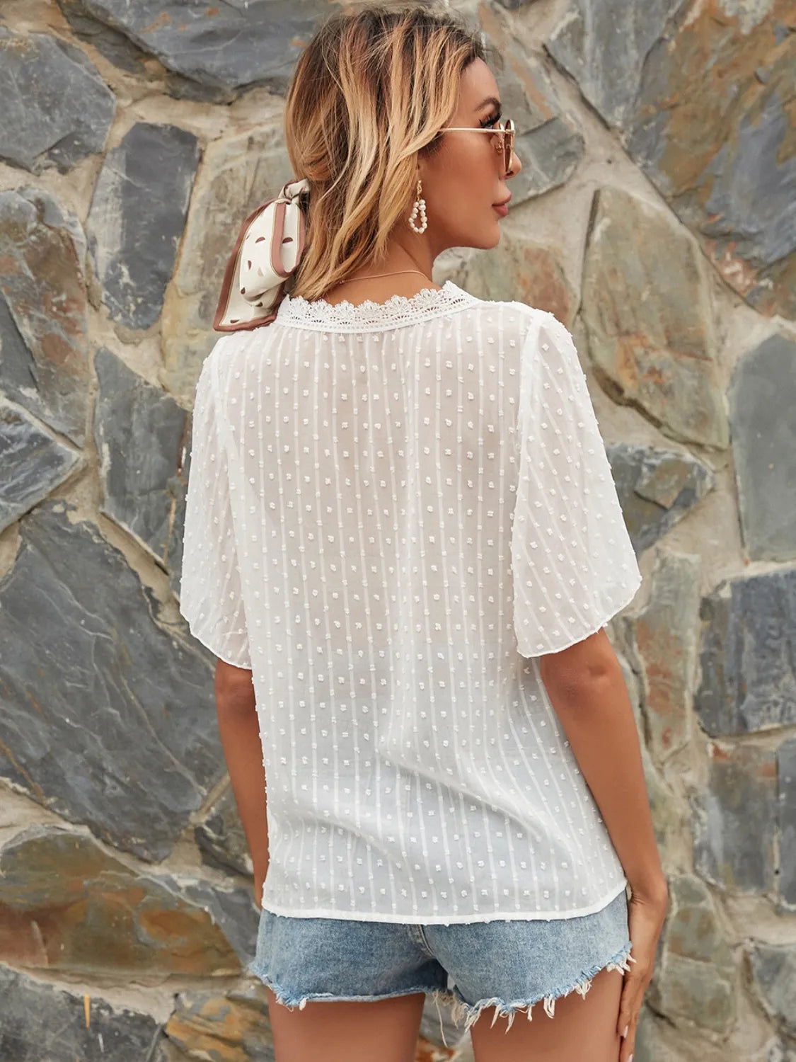 Lace Detail V-Neck Siwss Dot Blouse