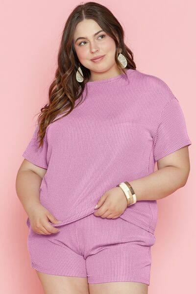 Plus Size Round Neck Short Sleeve Top and Shorts Set - Clothes For Her Online Store