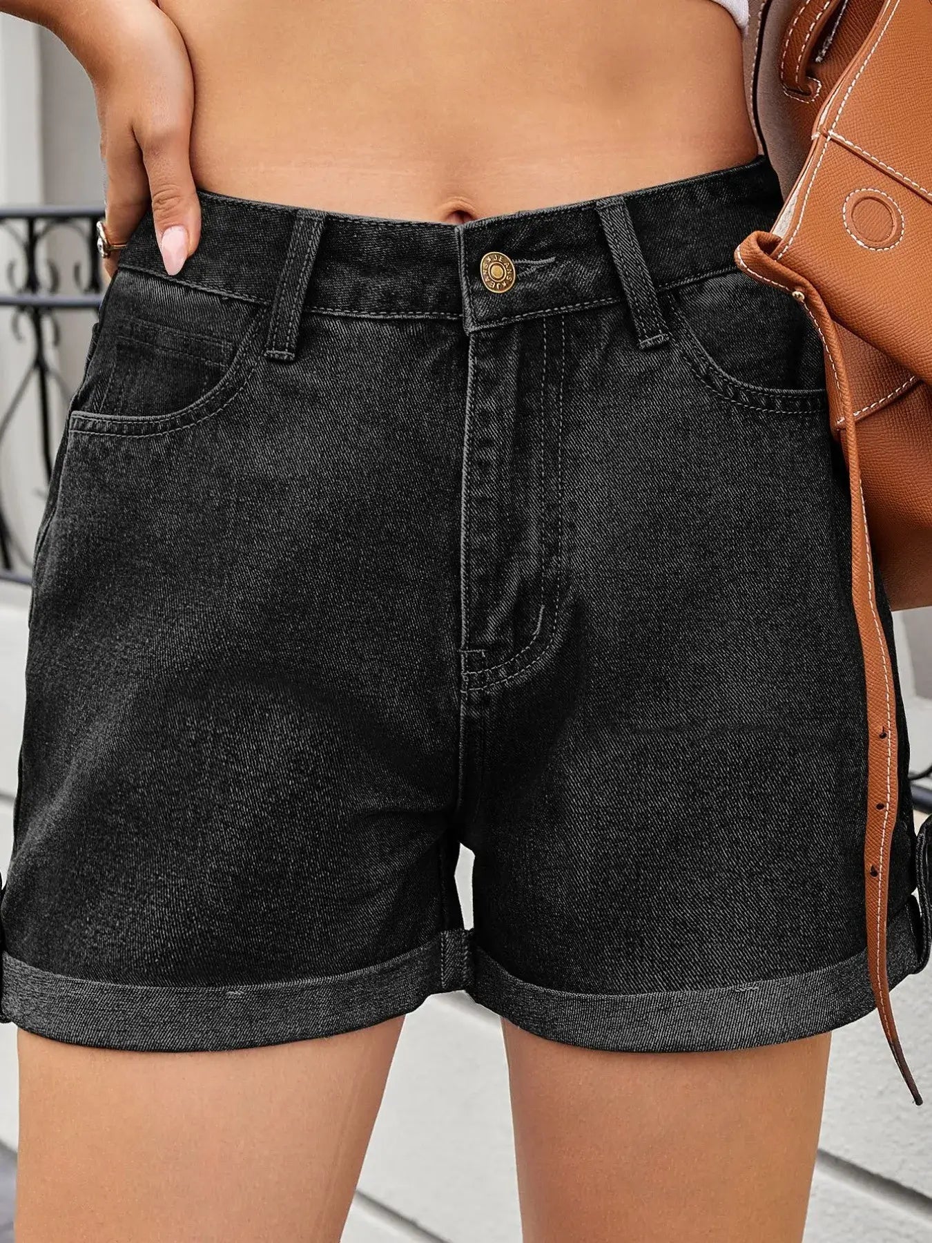 High Waist Rolled Hem Gradient Denim Shorts
