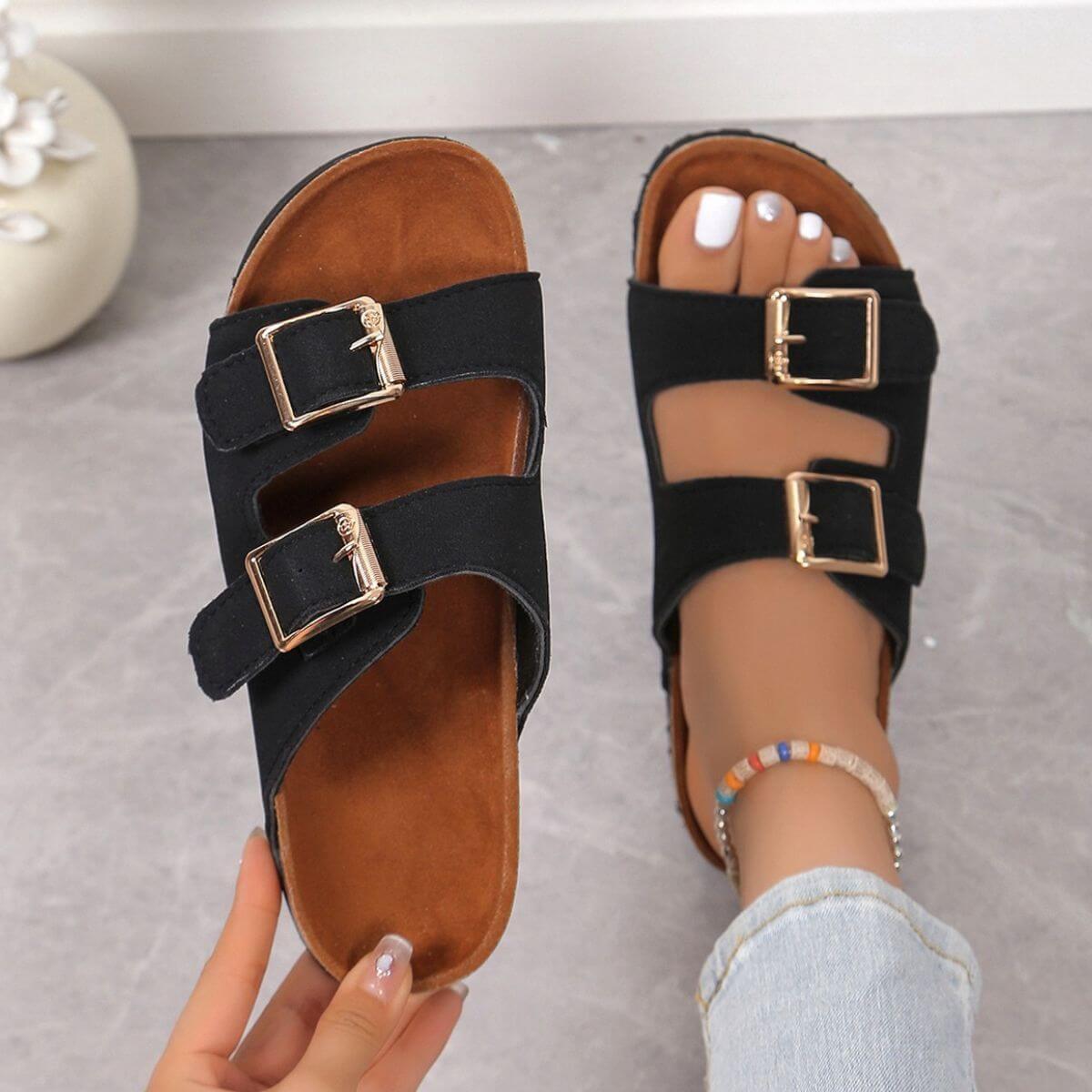 Open Toe Double Buckle Sandals - Clothes For Her Online Store