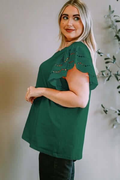 Plus Size Eyelet Round Neck Short Sleeve Blouse - Clothes For Her Online Store