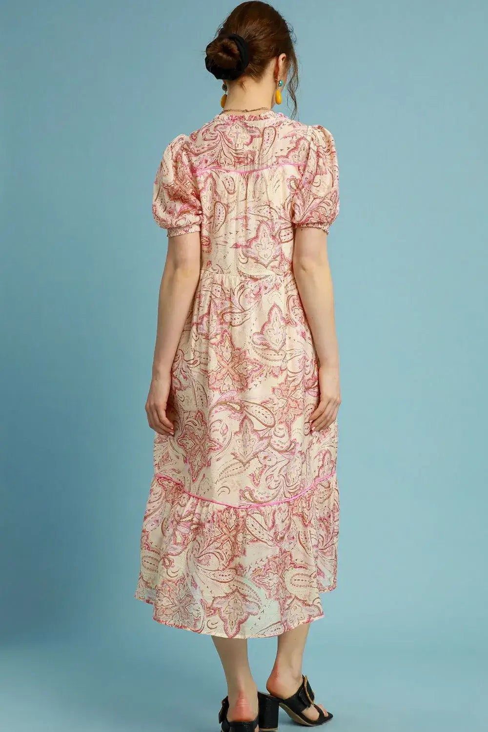 Umgee Full Size Printed Puff Short Sleeve Midi Dress Plus Size