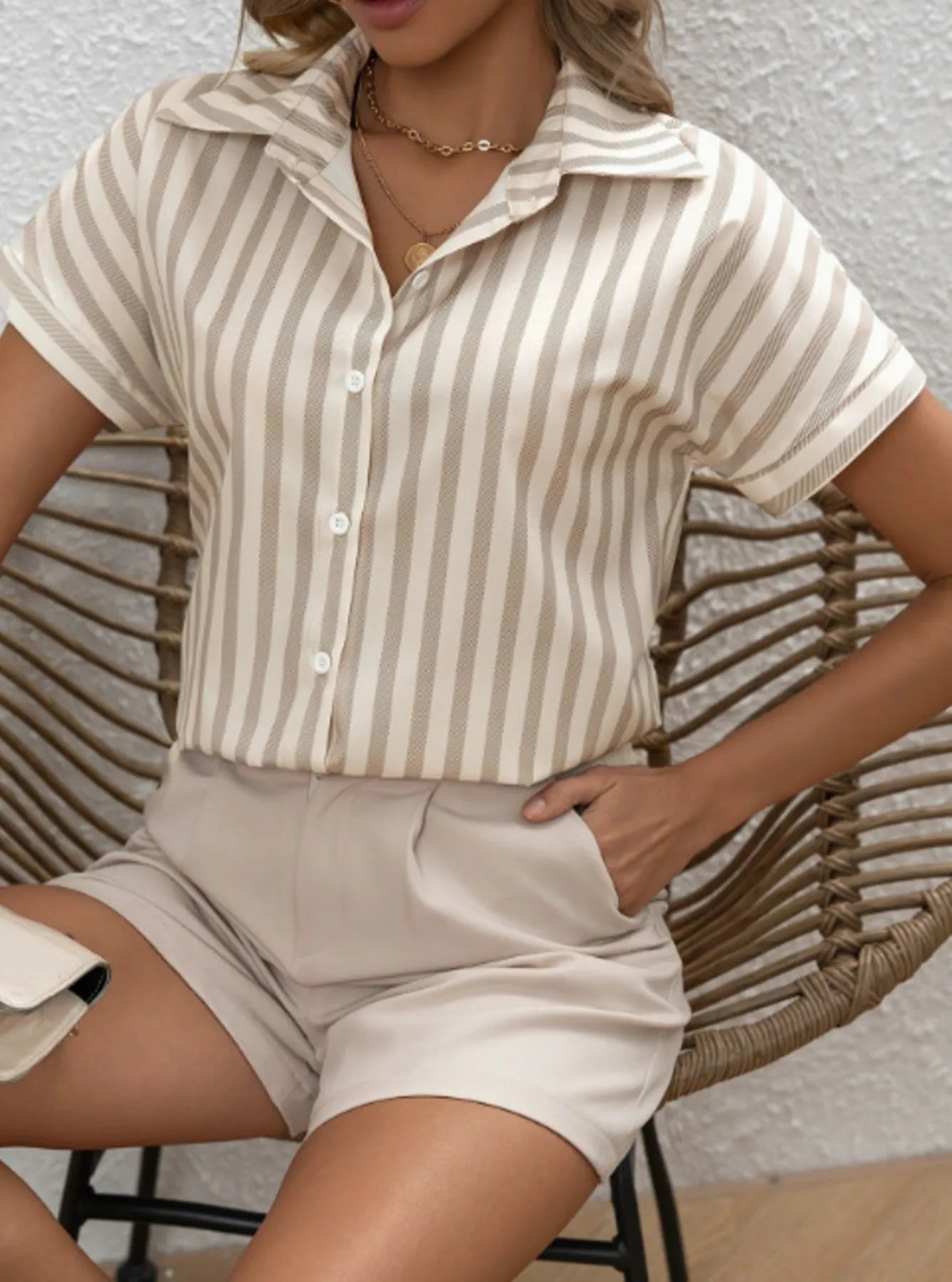 Striped Collared Neck Short Sleeve Shirt