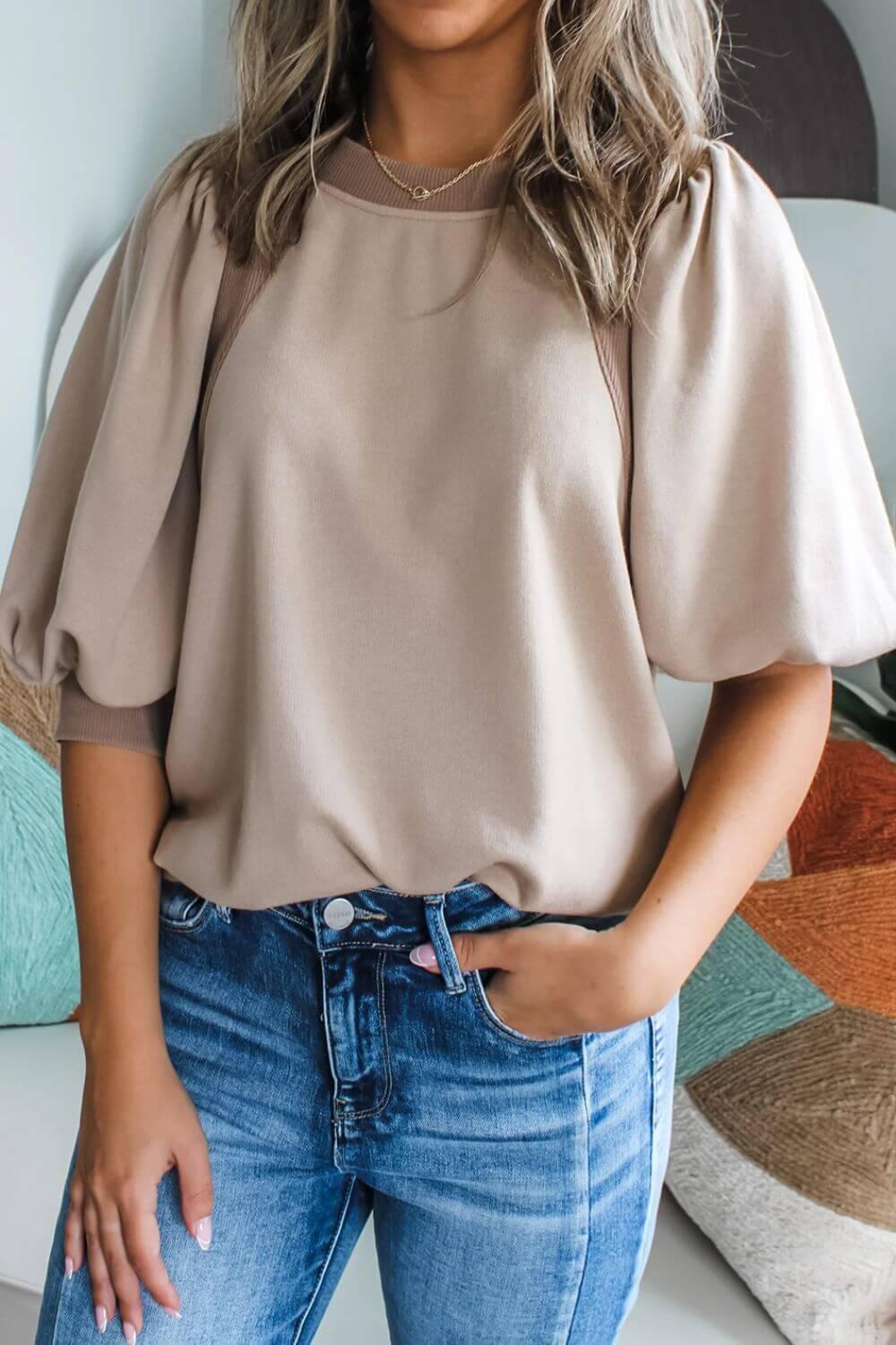 Round Neck Puff Half Sleeve Blouse - Clothes For Her Online Store