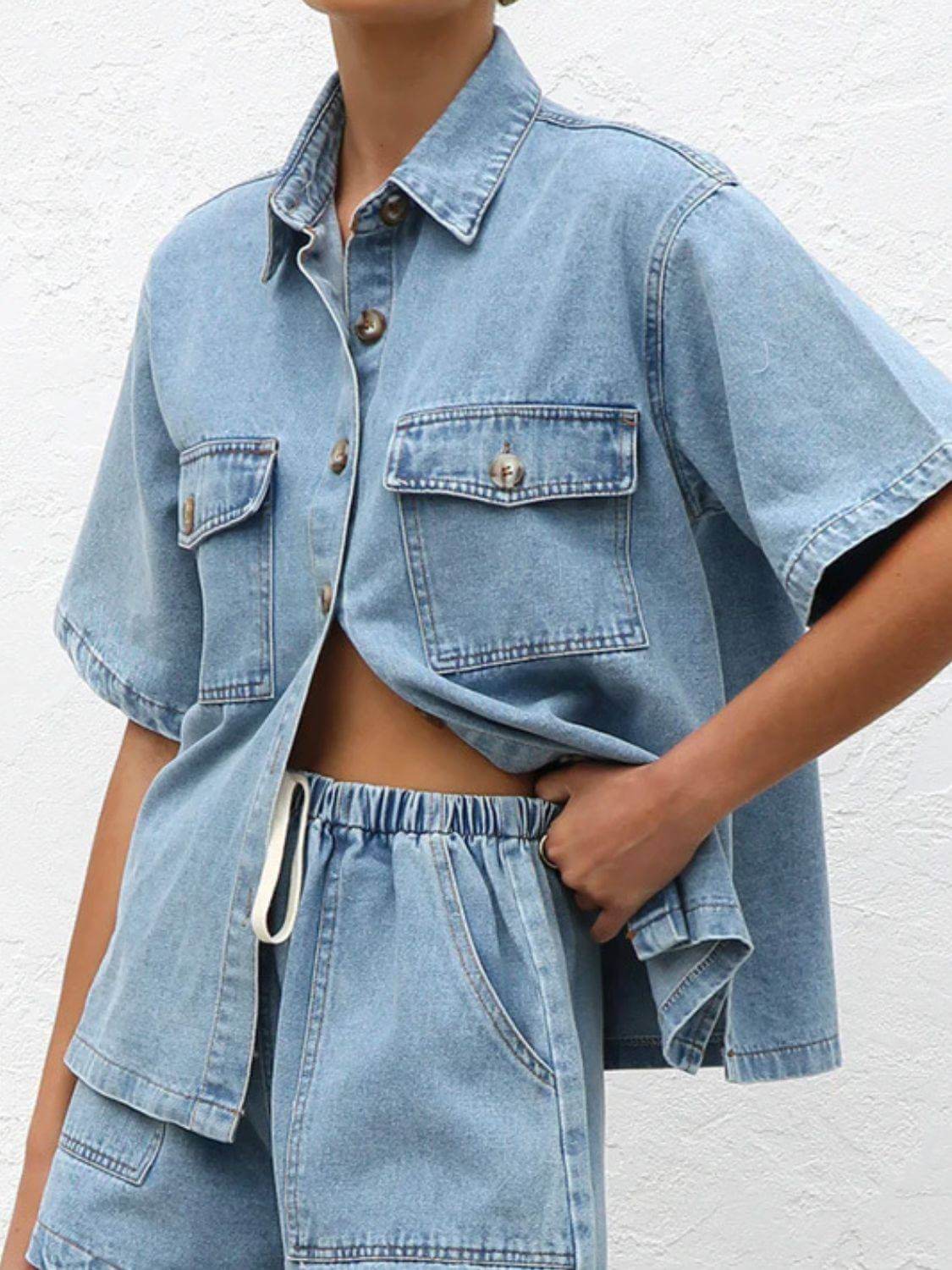 Button Up Half Sleeve Denim Shirt - Clothes For Her Online Store