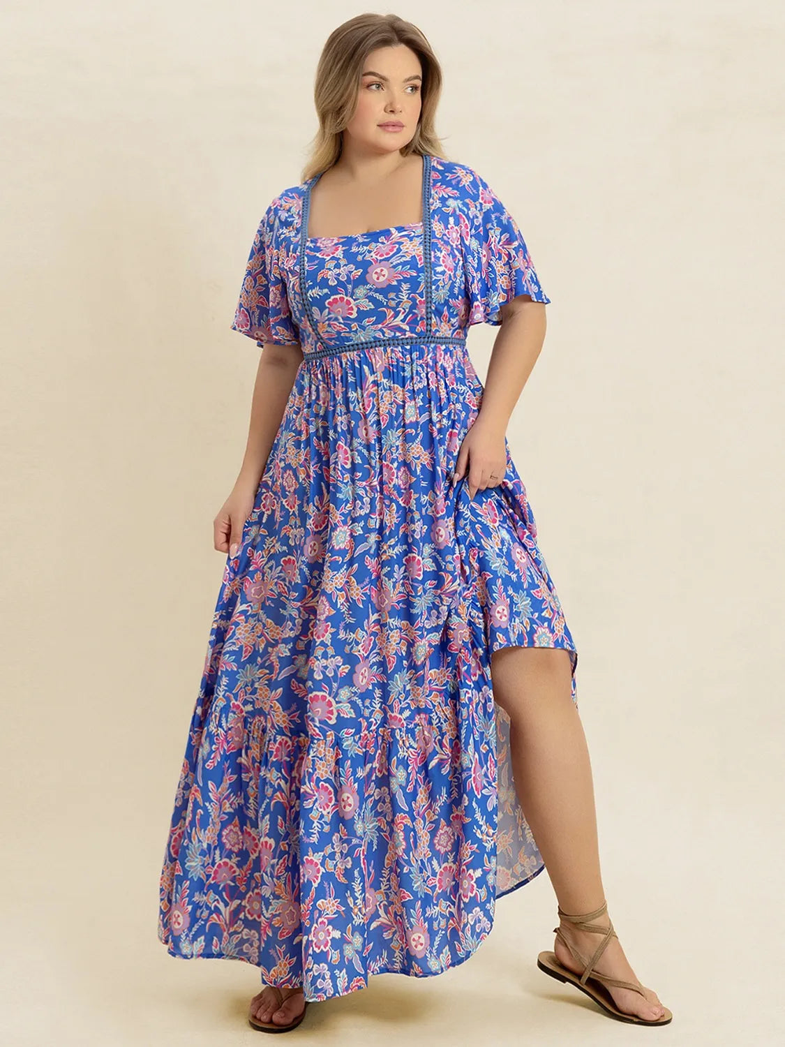 Plus Size Ruched Printed Short Sleeve Dress
