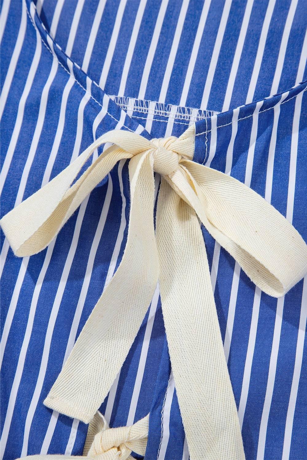 Stripe Tied Front Puff Short Sleeve Top - Clothes For Her Online Store