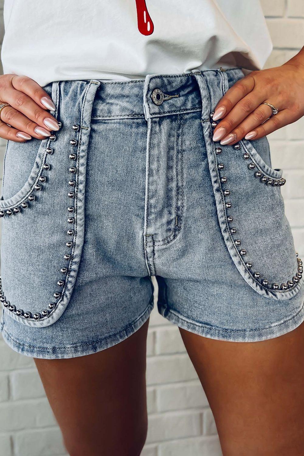 Studded Acid Wash Denim Shorts - Clothes For Her Online Store