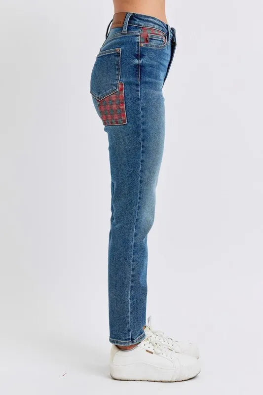 Judy Blue Full Size HW Plaid Patch Slim Fit Jeans Plus Size