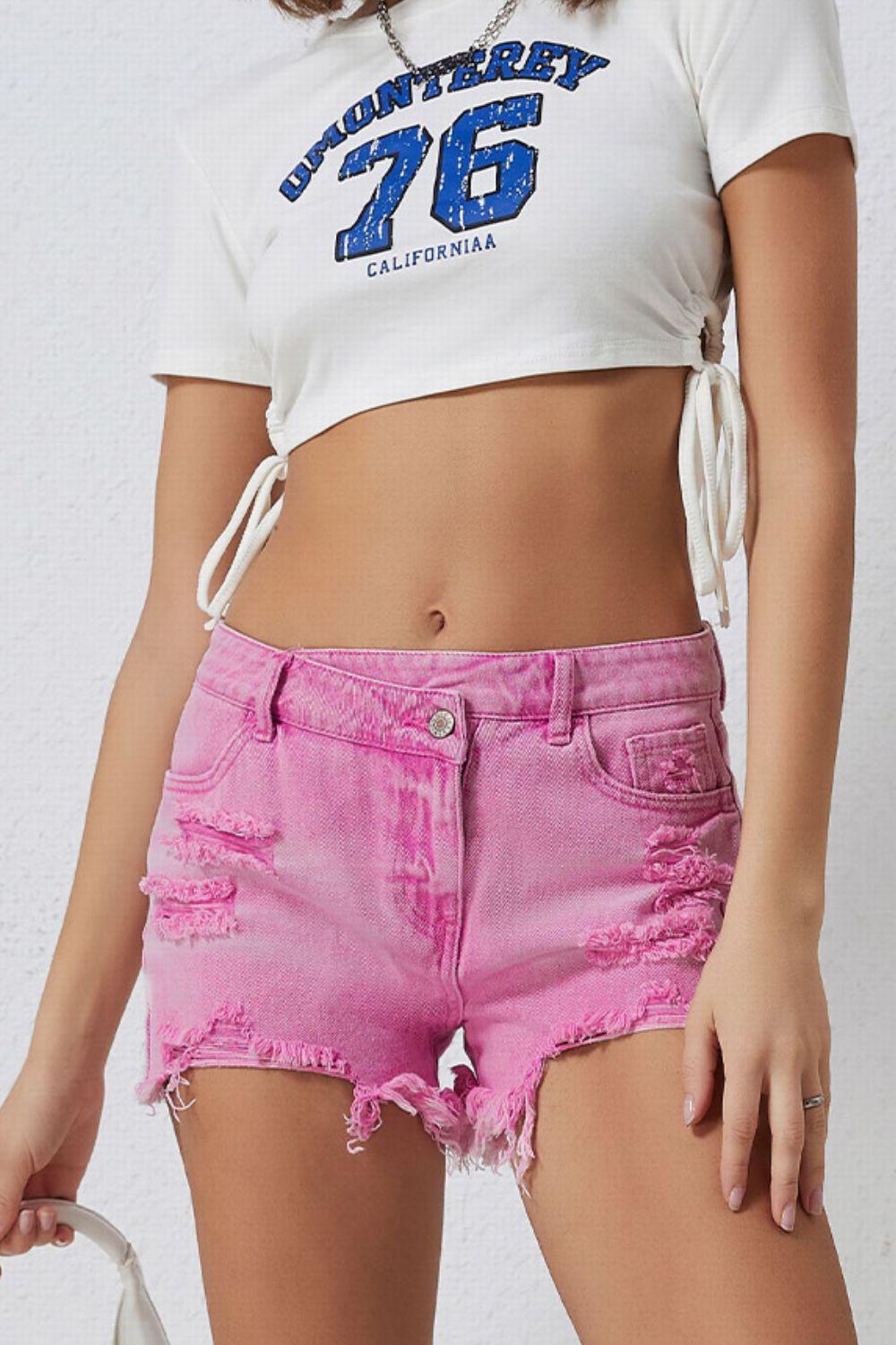 High Rise Crossover Waist Denim Shorts - Clothes For Her Online Store
