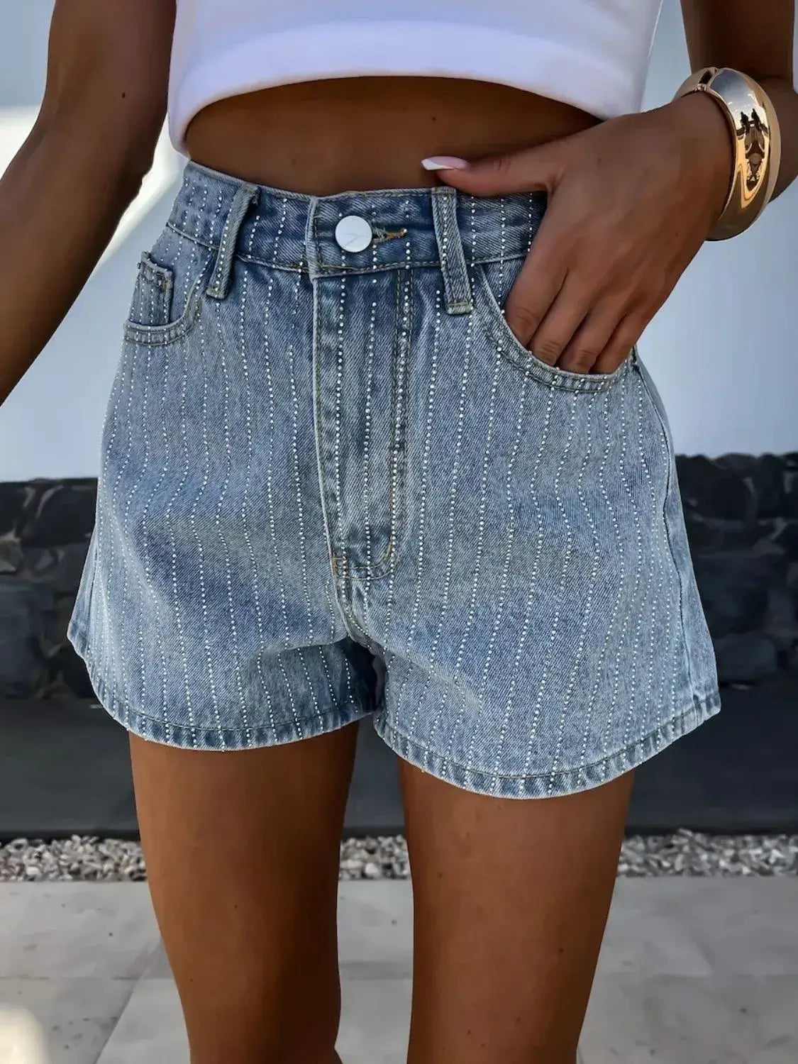 Rhinestone High Rise Denim Shorts