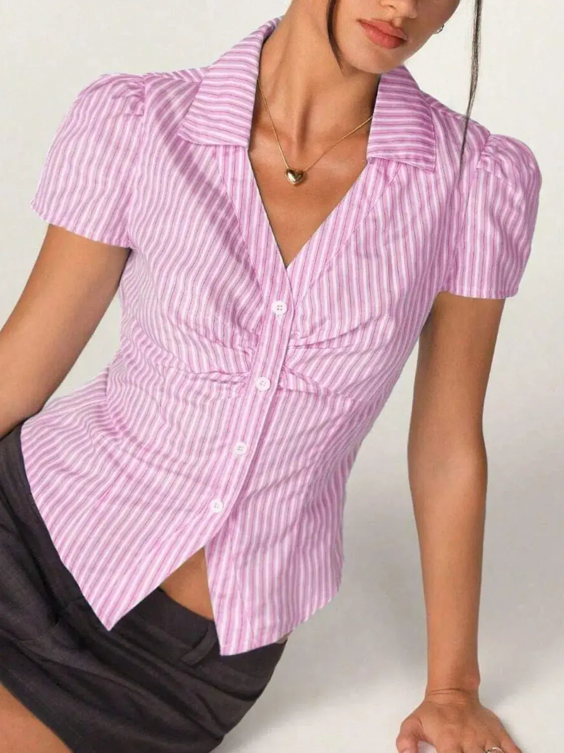Striped Collared Neck Short Sleeve Shirt