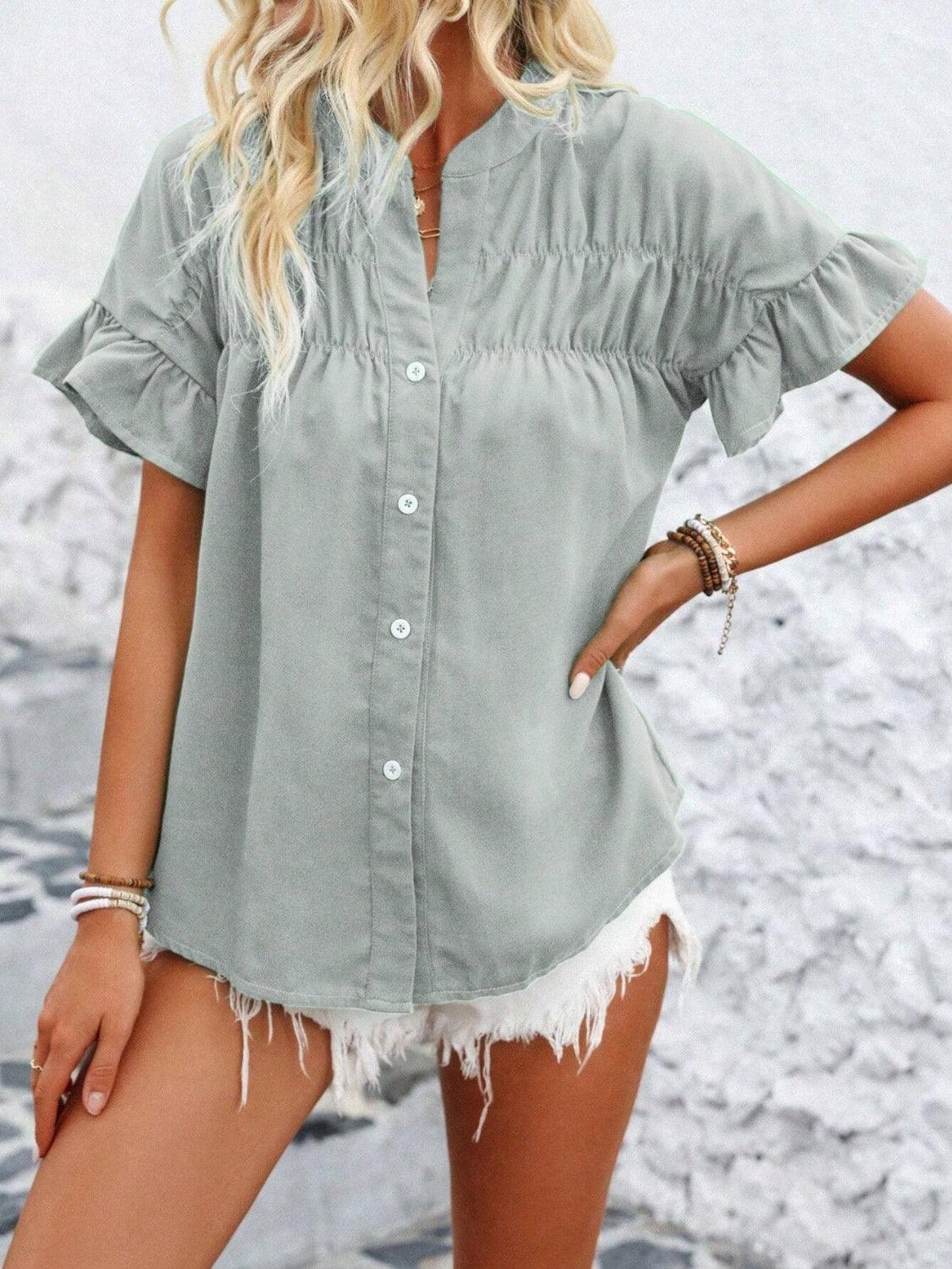 Button Down Ruffled Short Sleeve Shirt - Clothes For Her Online Store