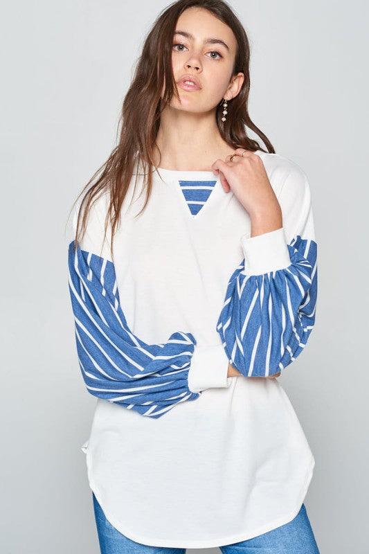 Super Lady Full Size French Terry Striped Long Sleeve Top - Clothes For Her Online Store