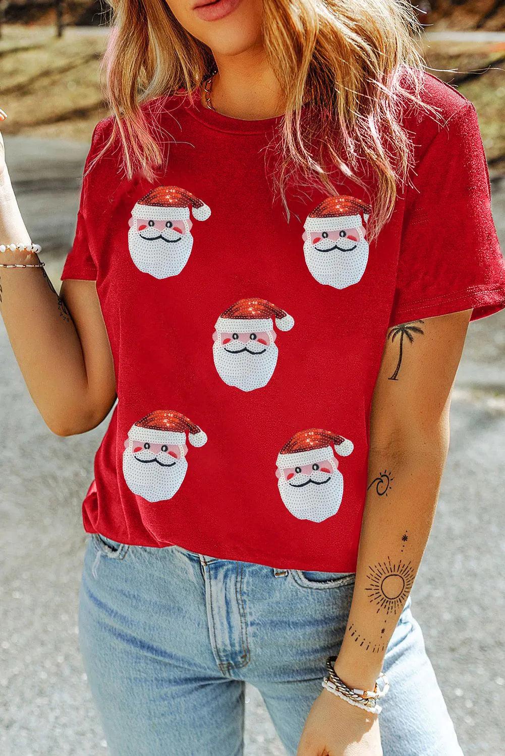 Sequin Santa Round Neck Short Sleeve T-Shirt - Clothes For Her Online Store
