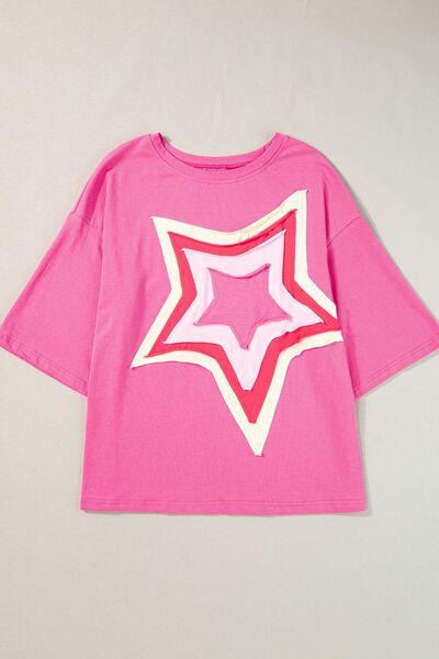Color Block Star Patched Oversized T-Shirt - Clothes For Her Online Store