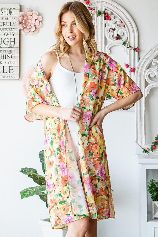 Heimish Full Size Half Sleeve Multi Color Floral Open Cardigan Plus Size - Clothes For Her Online Store