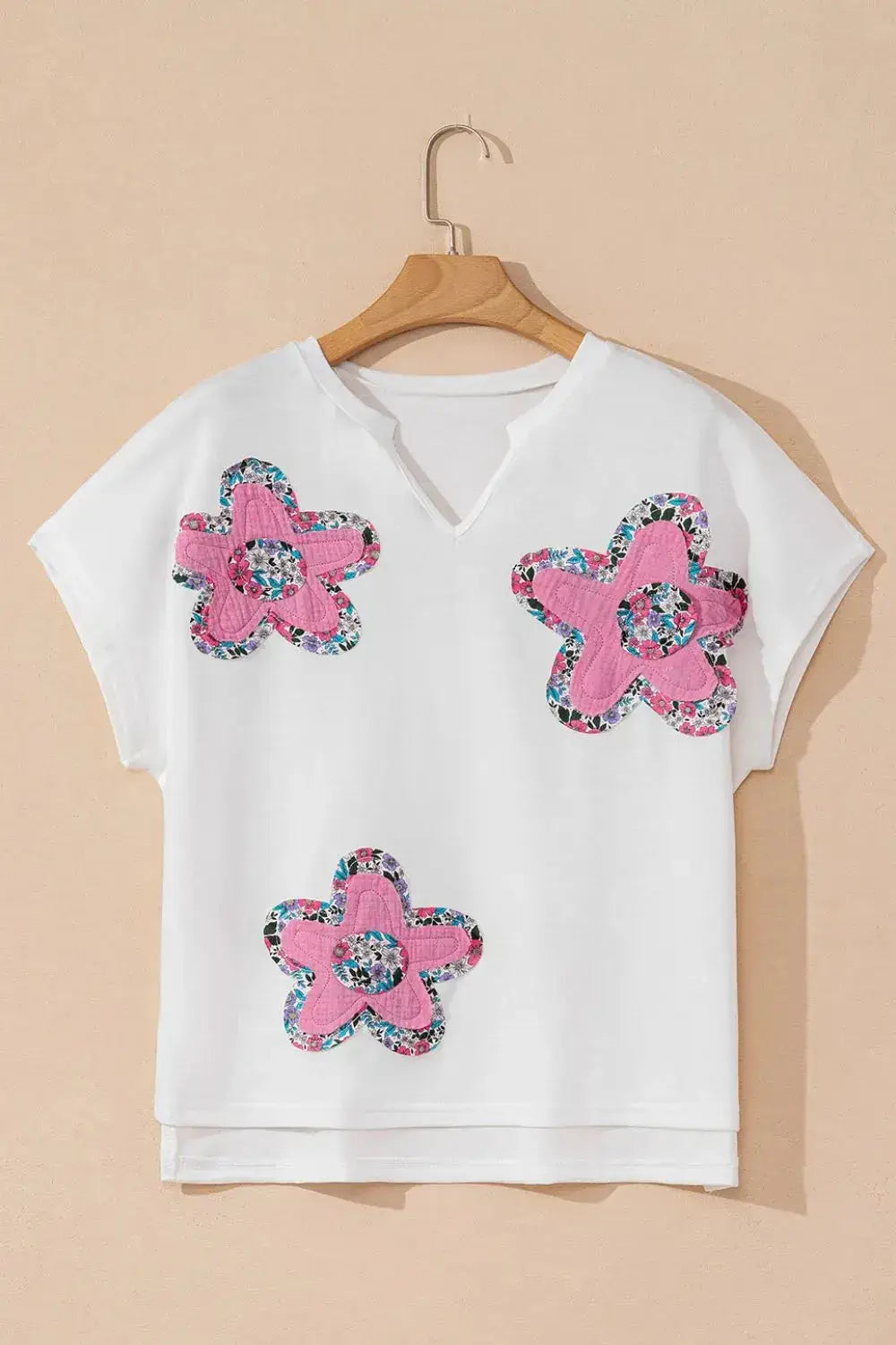 Floral Applique Notched Dolman Sleeve Top - Clothes For Her Online Store