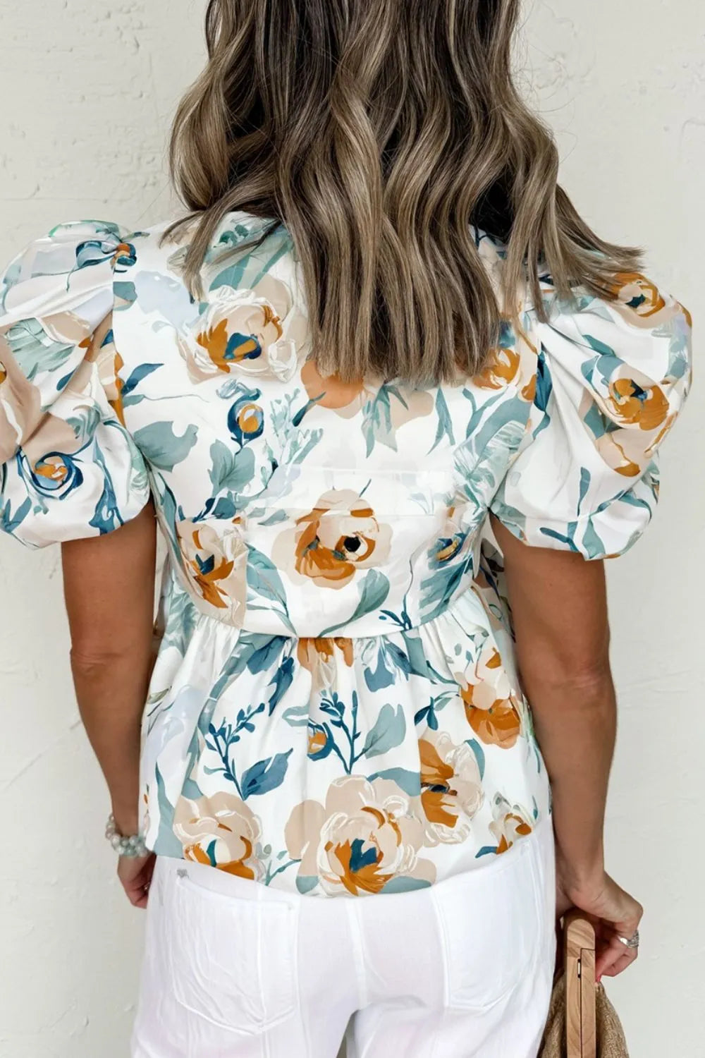 Floral Print Puff Sleeve V Neck Babydoll Blouse