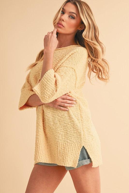 Aemi + Co Side Slit Ribbed Hem Round Neck Sweater - Clothes For Her Online Store