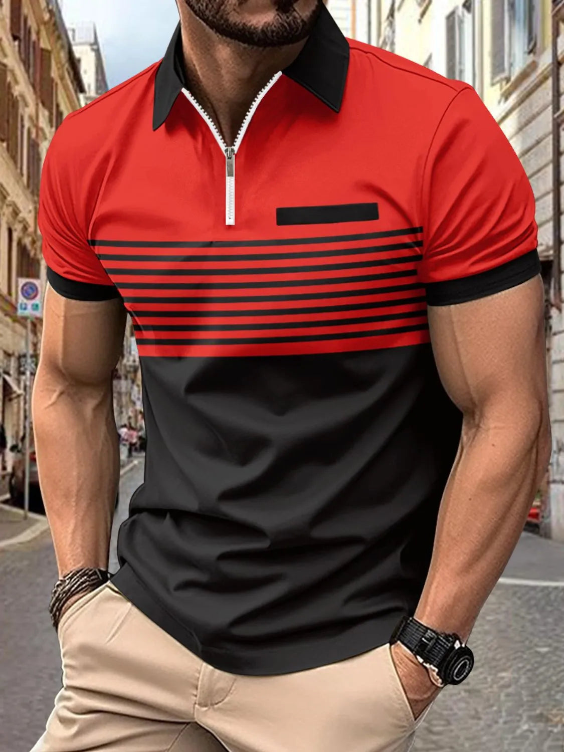 Men's Full Size Collared Neck Contrast Polo Plus Size