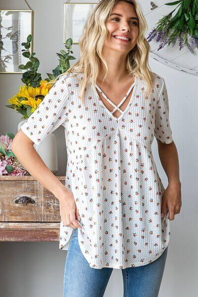 Heimish Full Size Crisscross Ditsy Floral Babydoll Top Plus Size - Clothes For Her Online Store