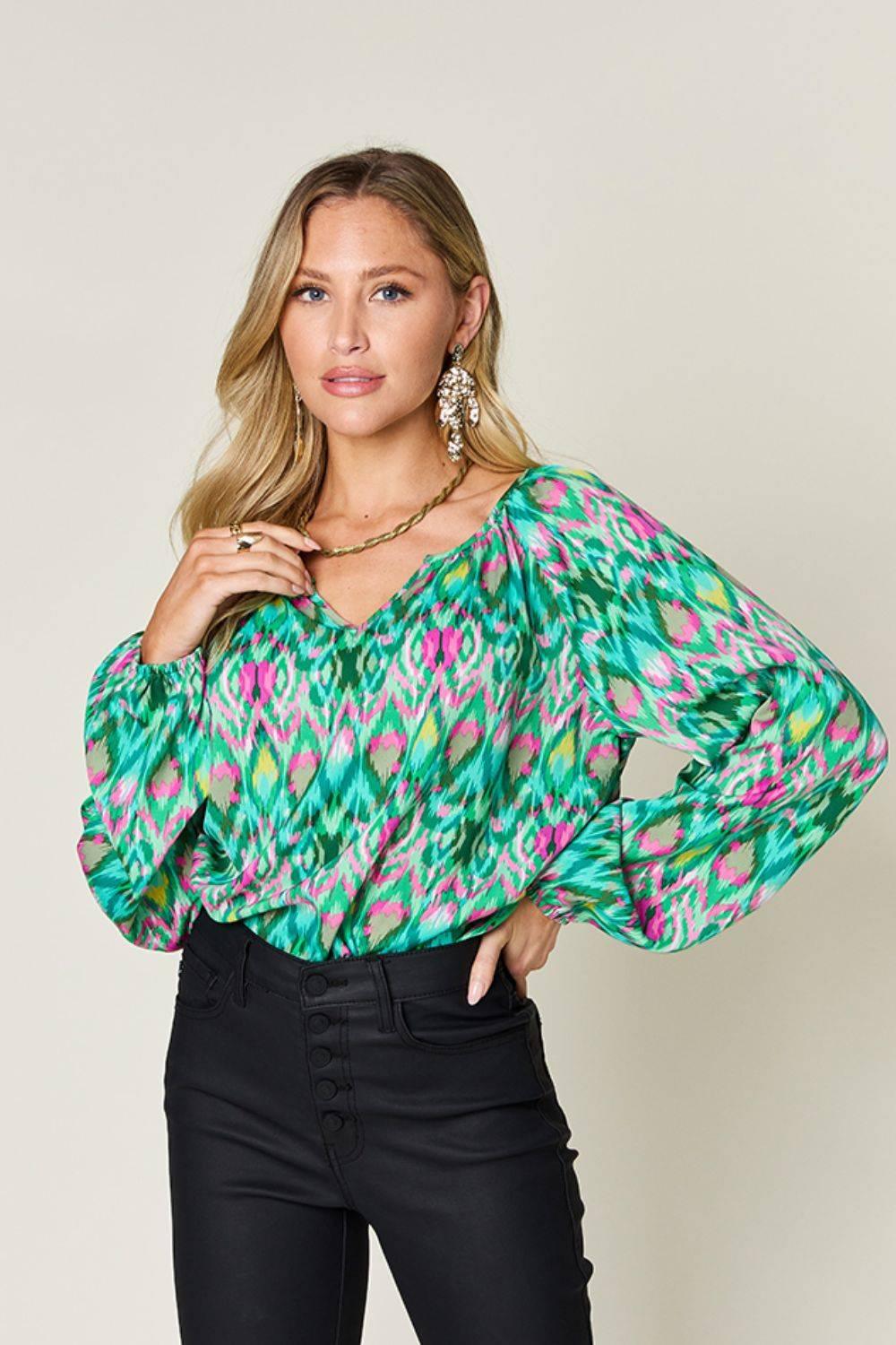 Double Take Full Size Printed Balloon Sleeve Blouse - Clothes For Her Online Store