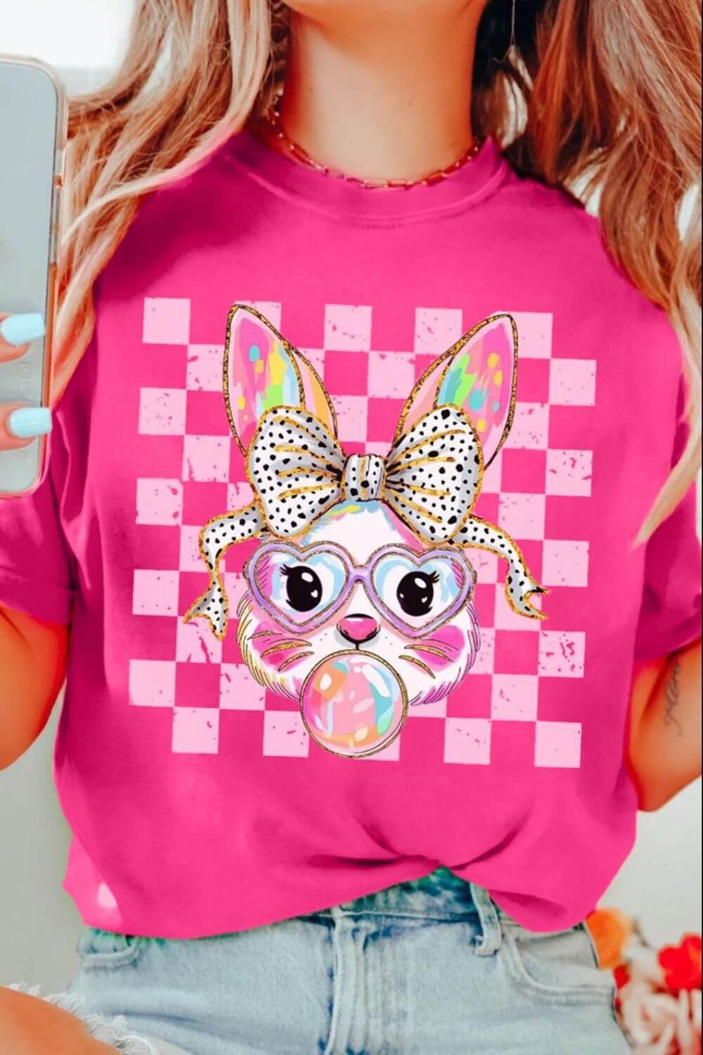 Rabbit Graphic Round Neck Short Sleeve T-Shirt - Clothes For Her Online Store