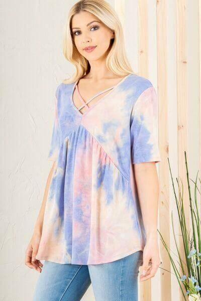 Heimish Full Size Crisscross Tie Dye Babydoll Top Plus Size - Clothes For Her Online Store