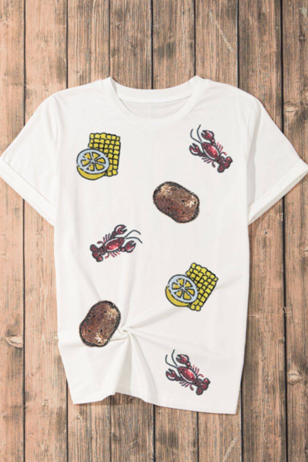 Sequin Crawfish Potato Round Neck Short Sleeve T-Shirt - Clothes For Her Online Store