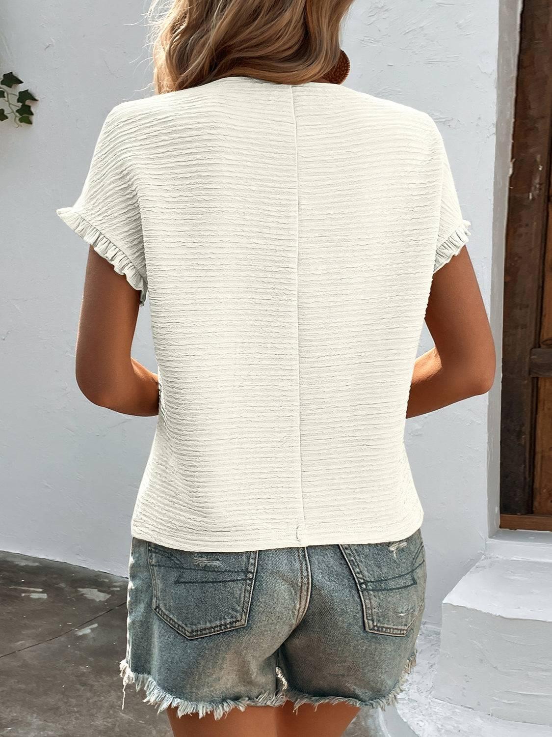 Texture Round Neck Short Sleeve T-Shirt - Clothes For Her Online Store