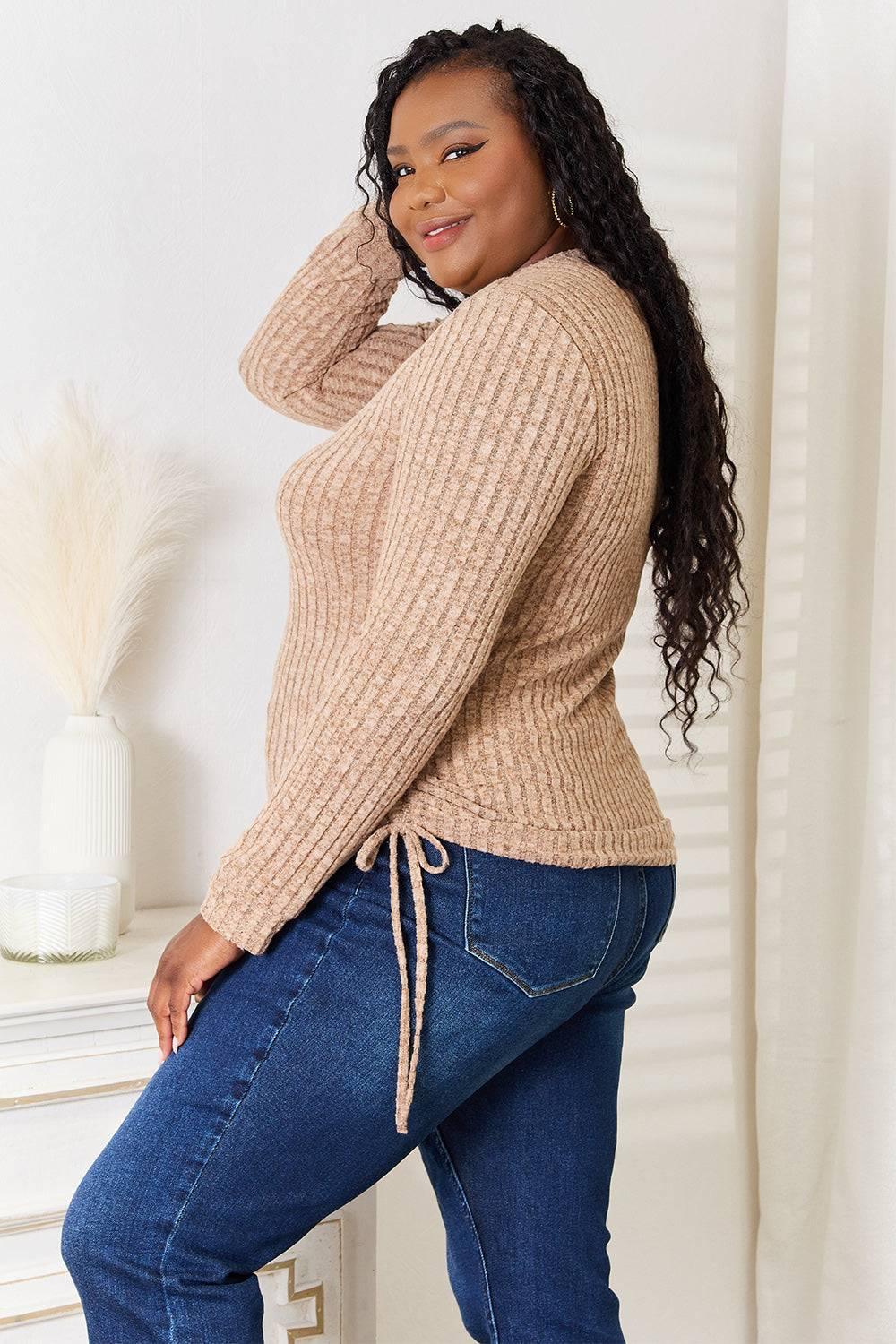 Double Take Drawstring Ribbed Long Sleeve T-Shirt - Clothes For Her Online Store