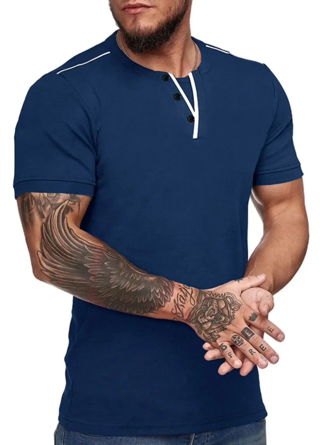 Men's Casual Henley Short Sleeve T-Shirt with Contrast Trim