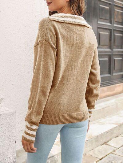 Striped Trim Drop Shoulder Sweater - Clothes For Her Online Store