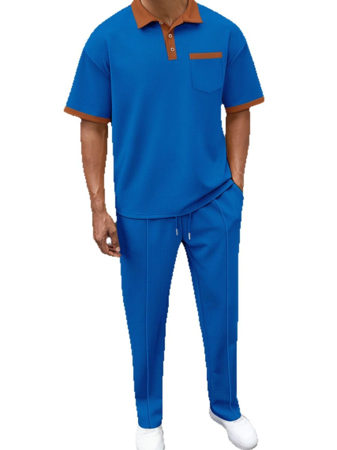 Men's Full Size Waffle-Knit Contrast Polo and Pants Set Plus Size - Clothes For Her Online Store