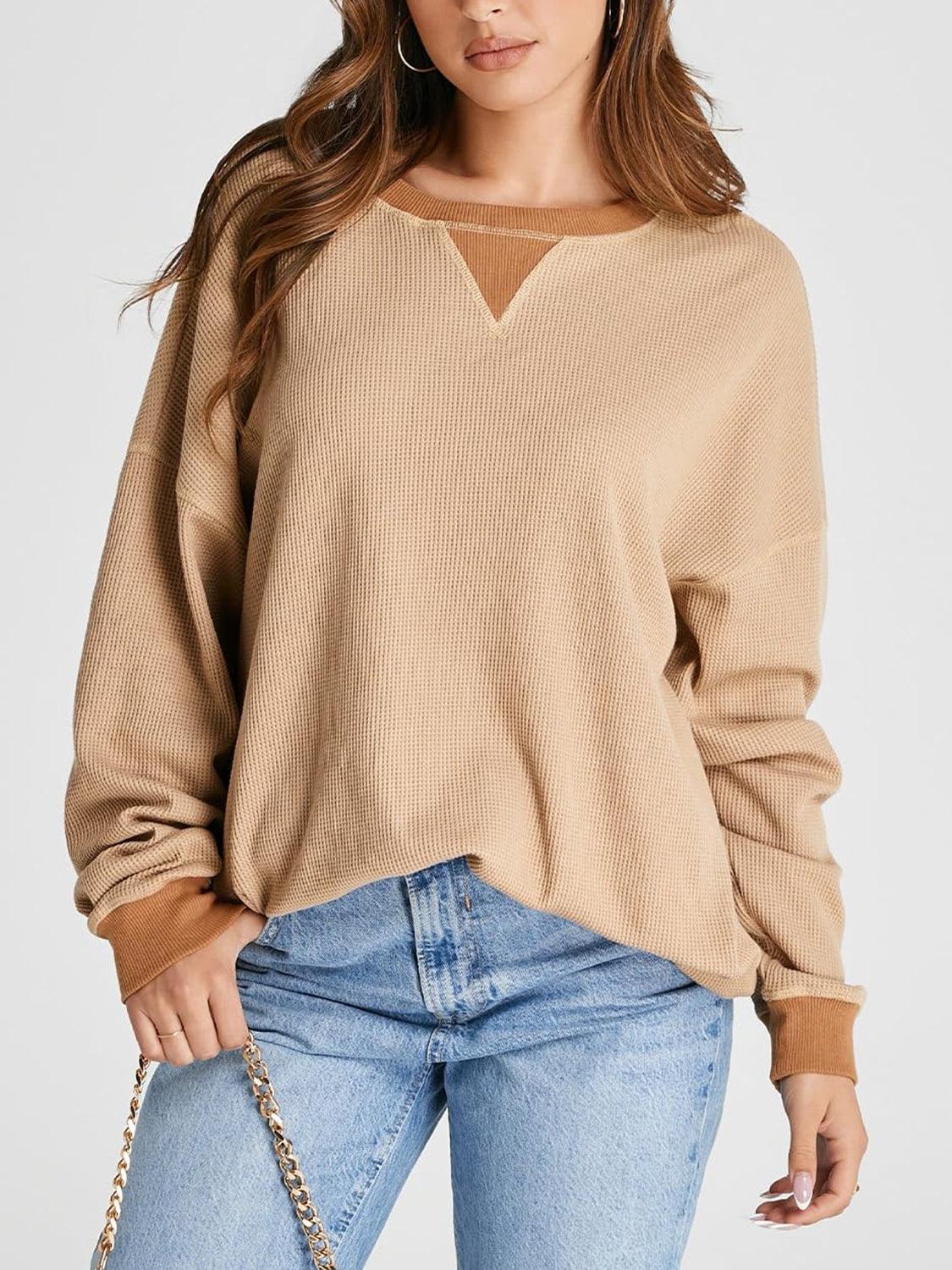 Waffle Knit Round Neck Long Sleeve T-Shirt - Clothes For Her Online Store