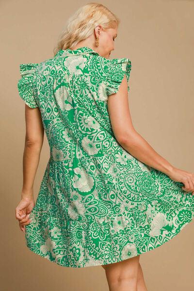 Umgee Full Size Printed Ruffle Cap Sleeve Babydoll Dress Plus Size - Clothes For Her Online Store