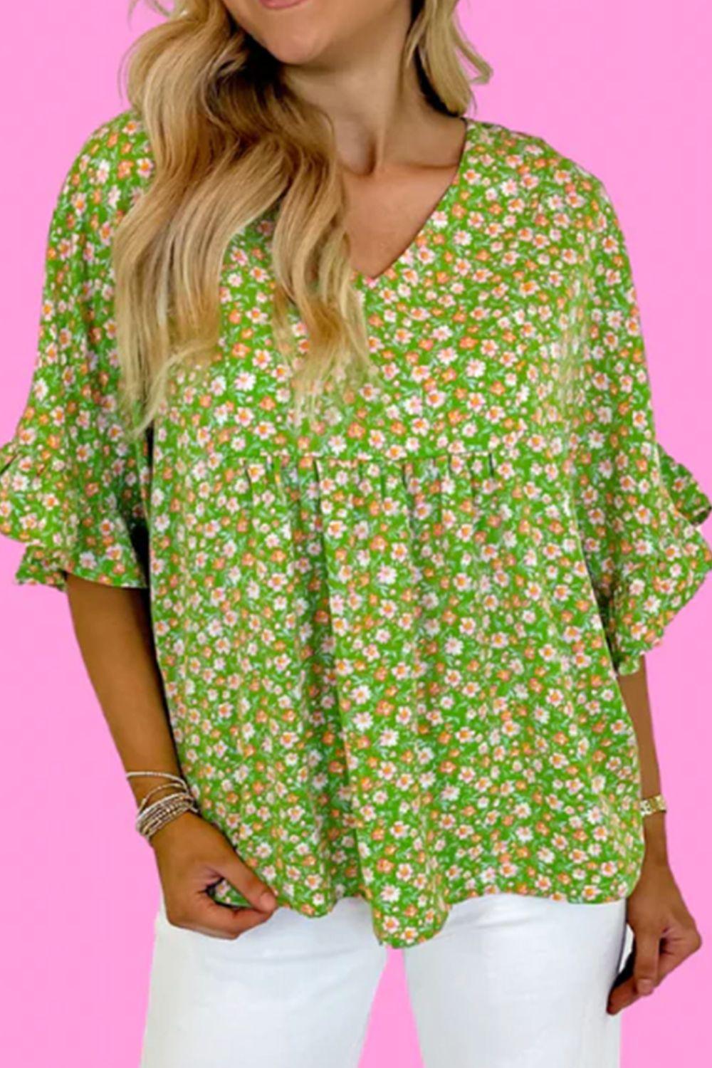 Ruffled Floral V-Neck Half Sleeve Blouse - Clothes For Her Online Store