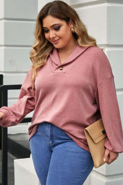 Plus Size Dropped Shoulder Collared Neck T-Shirt - Clothes For Her Online Store